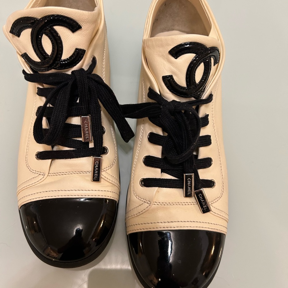 Chanel Cream and Black Sneakers with Iconic Design
